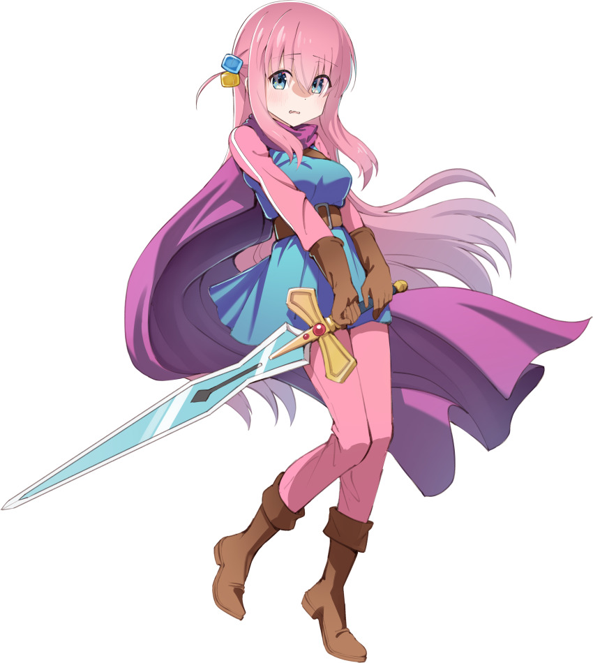 1girl, absurdres, belt, belt_buckle, blue_dress, blue_eyes, bocchi_the_rock!, boots