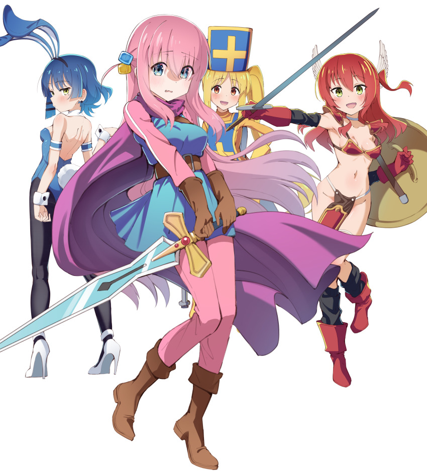 4girls, :d, absurdres, animal_ears, armor, ass, bare_shoulders, belt, belt_buckle, between_fingers, bikini_armor, black_hairband, black_pantyhose, black_socks, blonde_hair, blue_dress, blue_eyes, blue_hair, blue_hat, blue_leotard, blush, bocchi_the_rock!, bodysuit, boots, breasts, brown_belt, brown_eyes, brown_footwear, brown_gloves, buckle, buckler, cape, champagne_flute, closed_mouth, commentary_request, cosplay, cosplay_request, cube_hair_ornament, cup, dress, drinking_glass, fake_animal_ears, feathered_wings, gadabout_(dq3), gadabout_(dq3)_(cosplay), gloves, gotoh_hitori, green_eyes, groin, hair_between_eyes, hair_ornament, hairband, hairclip, hand_on_own_hip, hat, head_wings, hero_(dq3), hero_(dq3)_(cosplay), high_heels, highres, holding, holding_cup, holding_shield, holding_sword, holding_weapon, ijichi_nijika, kita_ikuyo, kneehighs, leotard, liking, long_hair, long_sleeves, looking_at_viewer, looking_back, medium_breasts, mitre, mole, mole_under_eye, multiple_girls, navel, one_side_up, open_mouth, orange_bodysuit, pants, pants_under_dress, pantyhose, parted_bangs, parted_lips, pink_hair, pink_pants, playboy_bunny, priest_(dq3), priest_(dq3)_(cosplay), purple_cape, rabbit_ears, rabbit_tail, red_eyes, red_footwear, red_hair, roto_(dq3), shield, shoes, side_ponytail, sidelocks, simple_background, small_breasts, smile, socks, standing, standing_on_one_leg, strapless, strapless_leotard, sword, tabard, tail, very_long_hair, warrior_(dq3), warrior_(dq3)_(cosplay), weapon, white_background, white_footwear, white_wings, wings, wrist_cuffs, yamada_ryo, yellow_boots, yellow_gloves