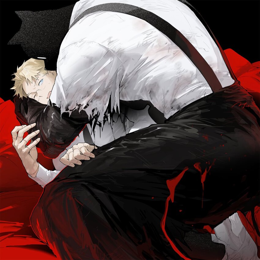 2boys, black_pants, blonde_hair, blood, blood_on_clothes, dog_boy, dorohedoro, furry