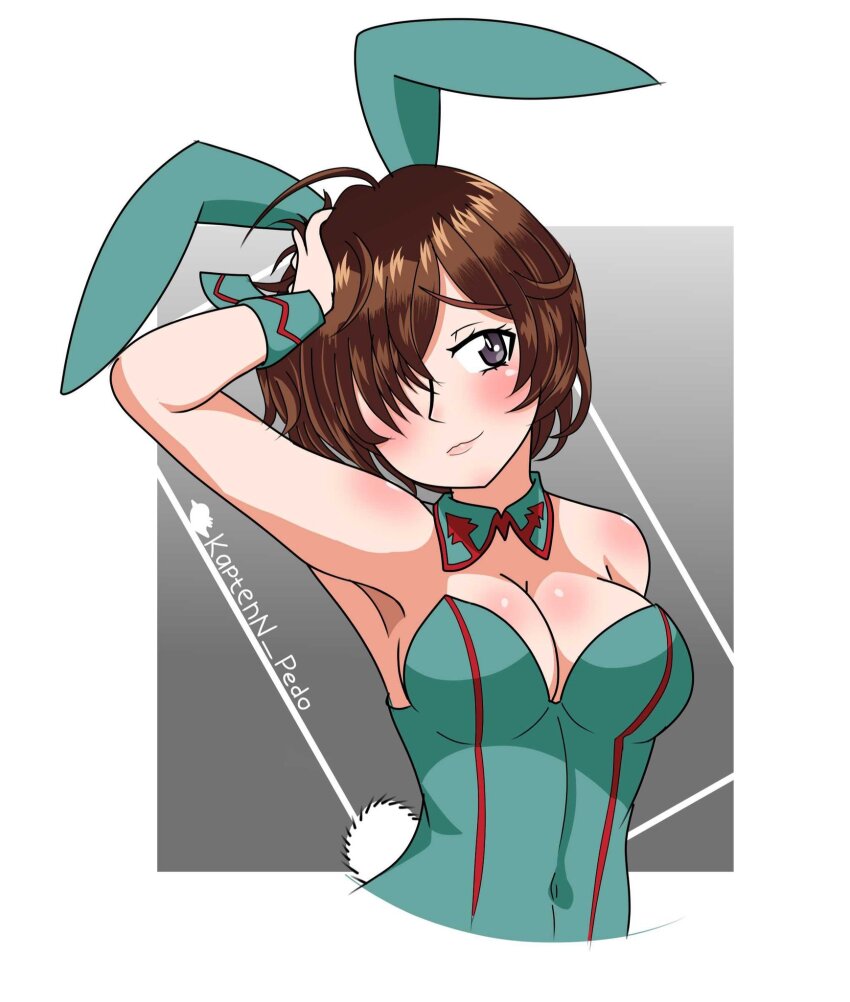 1girl, adapted_costume, animal_ears, armpit_crease, armpits, blue_leotard, blush, breasts