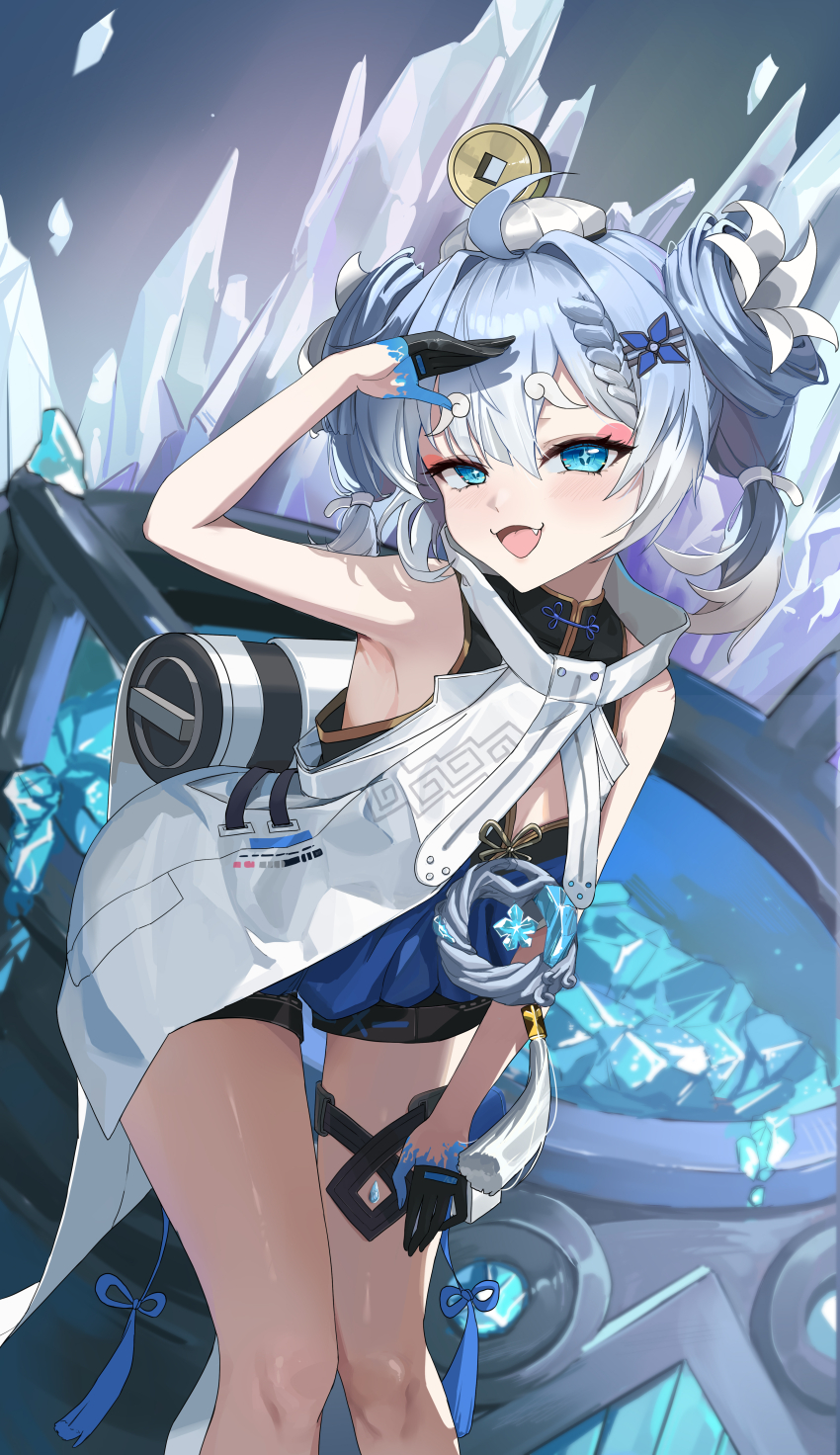 1girl, :d, absurdres, arm_up, bare_shoulders, black_gloves, blue_eyes, blue_hair