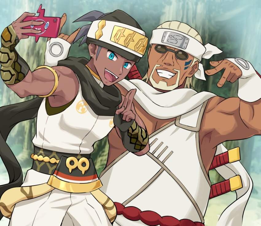 2boys, arm_guards, black_hair, blonde_hair, crossover, dark-skinned_male, dark_skin, facial_hair, facial_mark, forehead_protector, gen_4_pokemon, highres, holding, killer_bee, multiple_boys, muscular, naruto_(series), naruto_shippuuden, ninja, nintendo, official_alternate_costume, open_mouth, pokemoa, pokemon, pokemon_(creature), pokemon_masters_ex, raihan_(new_year's_2025)_(pokemon), raihan_(pokemon), rotom, rotom_phone, scarf, selfie, short_hair, sleeveless, smile, sunglasses, undercut, weapon