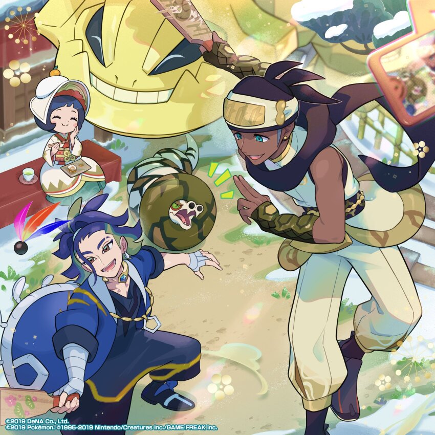 1girl, 2boys, adaman_(pokemon), alternate_color, arm_guards, black_hair, blonde_hair, blue_coat