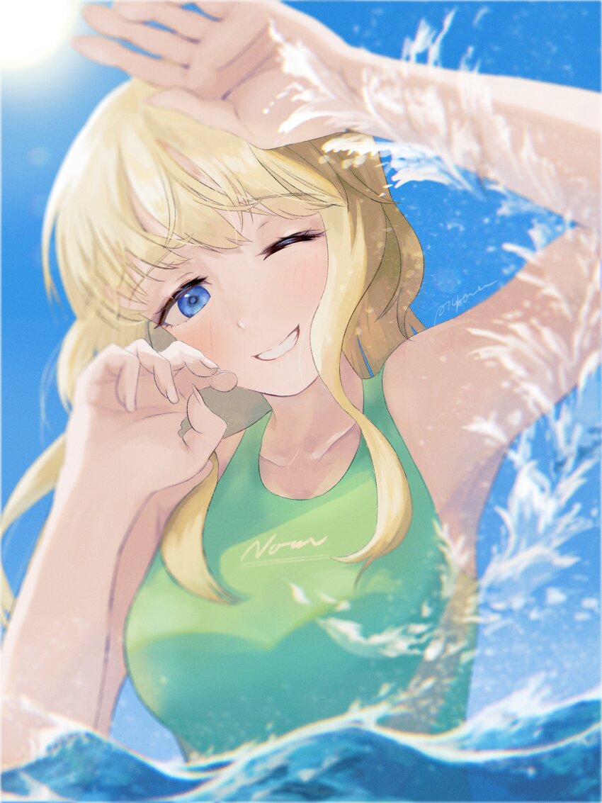 1girl, absurdres, arm_up, blonde_hair, blue_eyes, blue_sky, brave_witches, commentary