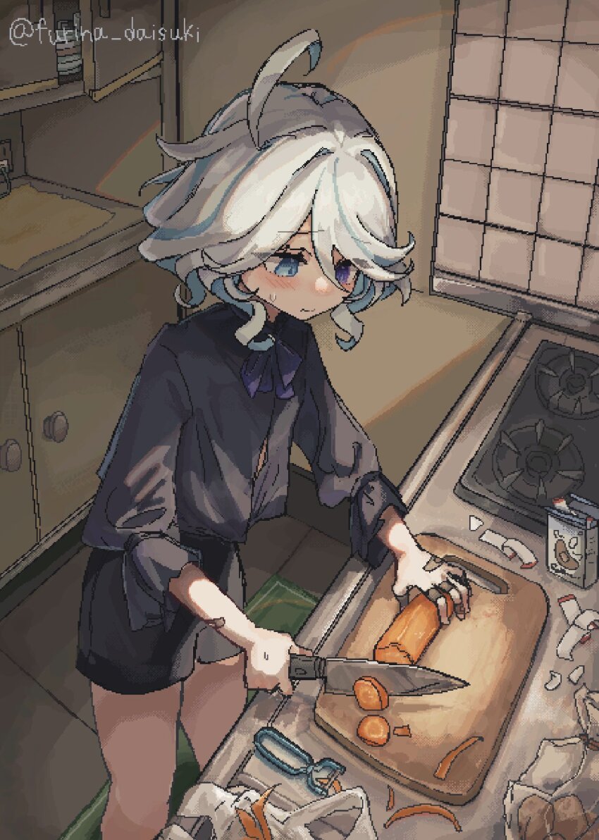 1girl, ahoge, bandaid, bandaid_on_hand, black_shirt, black_shorts, blue_eyes, blue_hair