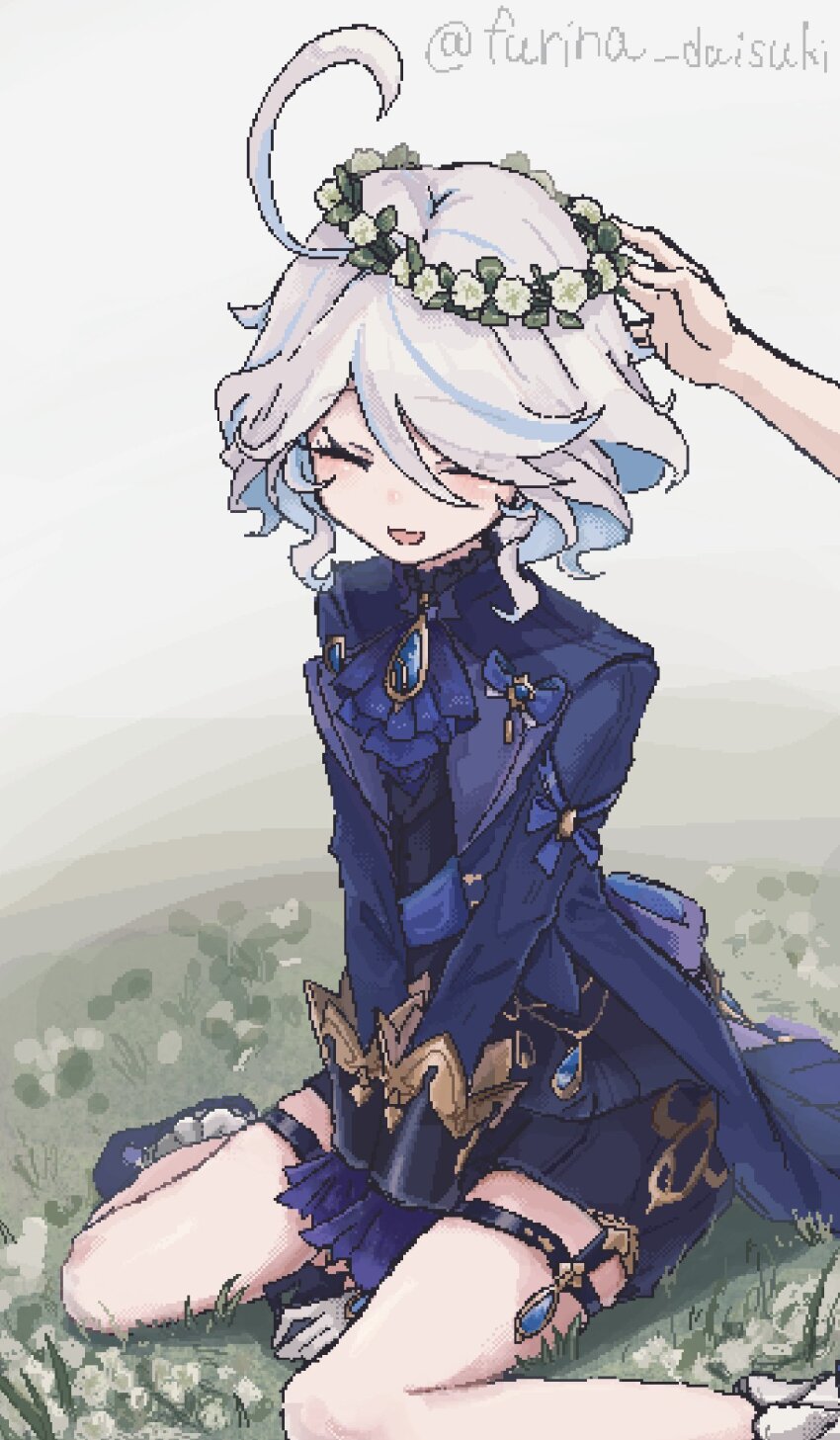 1girl, ahoge, ascot, asymmetrical_gloves, blue_ascot, blue_hair, blue_jacket, closed_eyes