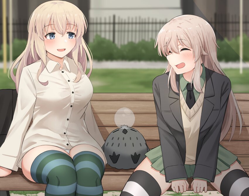 2girls, absurdres, bench, black_jacket, black_necktie, black_thighhighs, blonde_hair, blue_eyes, blush, brave_witches, brown_hair, brown_sweater_vest, bush, buttons, closed_eyes, collared_shirt, commentary, emu_1316, english_commentary, facing_another, green_thighhighs, highres, jacket, looking_at_another, luminous_witches, multiple_girls, necktie, nora_taylor, on_bench, open_clothes, open_jacket, outdoors, panties, pantyshot, second-party_source, shirt, striped_clothes, striped_thighhighs, sweater_vest, thighhighs, underwear, virginia_robertson, white_panties, white_shirt, world_witches_series