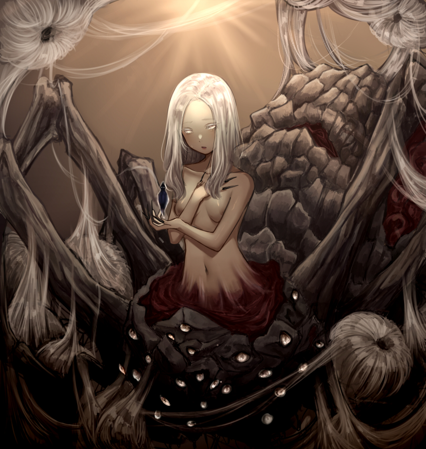 1girl, arachne, areola_slip, arthropod_girl, arthropod_limbs, bare_shoulders, black_nails, breasts, bright_pupils, brown_background, cleavage, commentary, covering_breasts, covering_privates, dark_souls_(series), dark_souls_i, english_commentary, extra_eyes, fingernails, highres, humanity_(dark_souls), insect_girl, light_blush, long_fingernails, long_hair, mimicrutix, monster_girl, navel, nude, pale_skin, parted_lips, quelaag's_sister, silk, small_breasts, spider_girl, spider_web, taur, white_eyes, white_hair, white_pupils