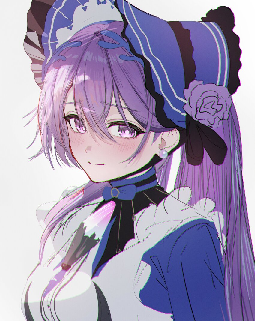 1girl, absurdres, apron, blush, bonnet, breasts, chromatic_aberration, closed_mouth