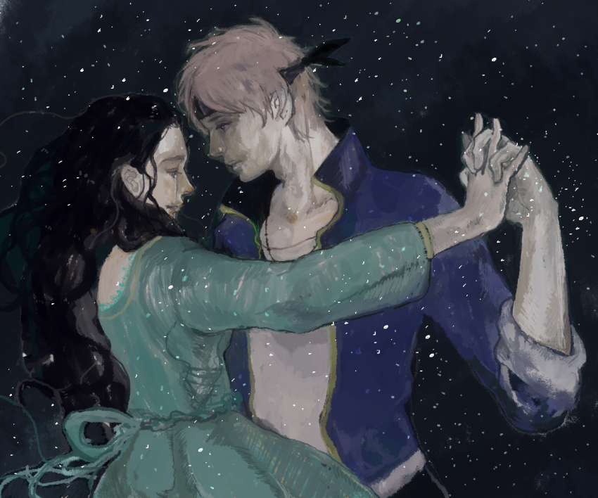 1990s_(style), 1boy, 1girl, black_hair, couple, dress, final_fantasy, final_fantasy_vi