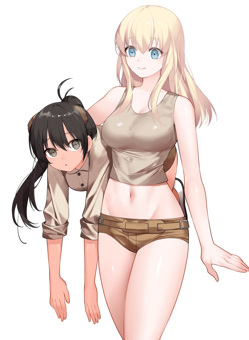 2girls, absurdres, belt, black_hair, blonde_hair, blue_eyes, brave_witches, breasts