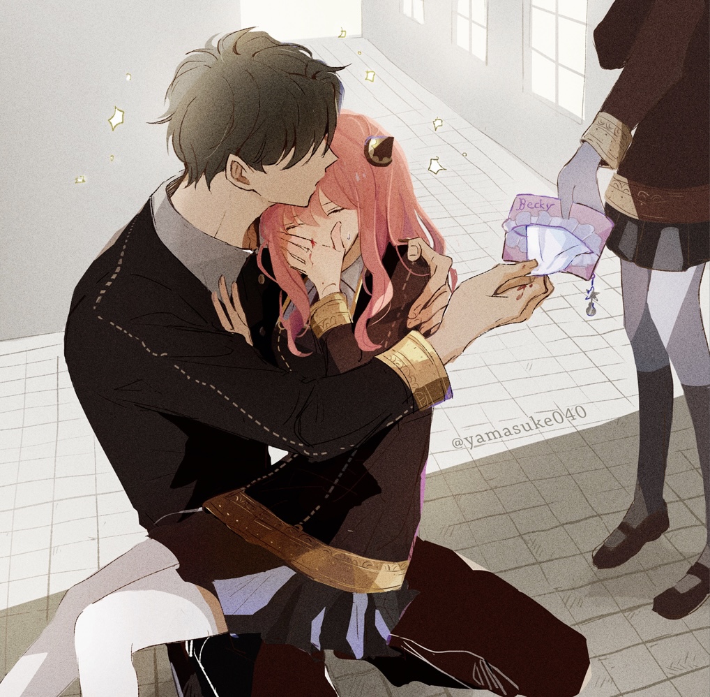 1boy, 2girls, aged_up, ahoge, anya_(spy_x_family), becky_blackbell, black_hair, blood