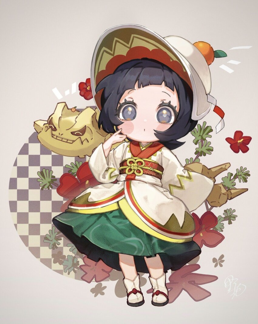 1girl, alternate_color, black_hair, blush_stickers, closed_eyes, commentary_request, eyelashes, flower, food, fruit, gen_2_pokemon, grey_eyes, hakama, hakama_skirt, hat, highres, japanese_clothes, kimono, nintendo, obi, official_alternate_costume, orange_(fruit), pokemon, pokemon_(creature), pokemon_masters_ex, poppy_(new_year's_2025)_(pokemon), poppy_(pokemon), sash, shiny_pokemon, short_hair, skirt, smile, sora_no87, steelix, teeth, wide_sleeves, yukata