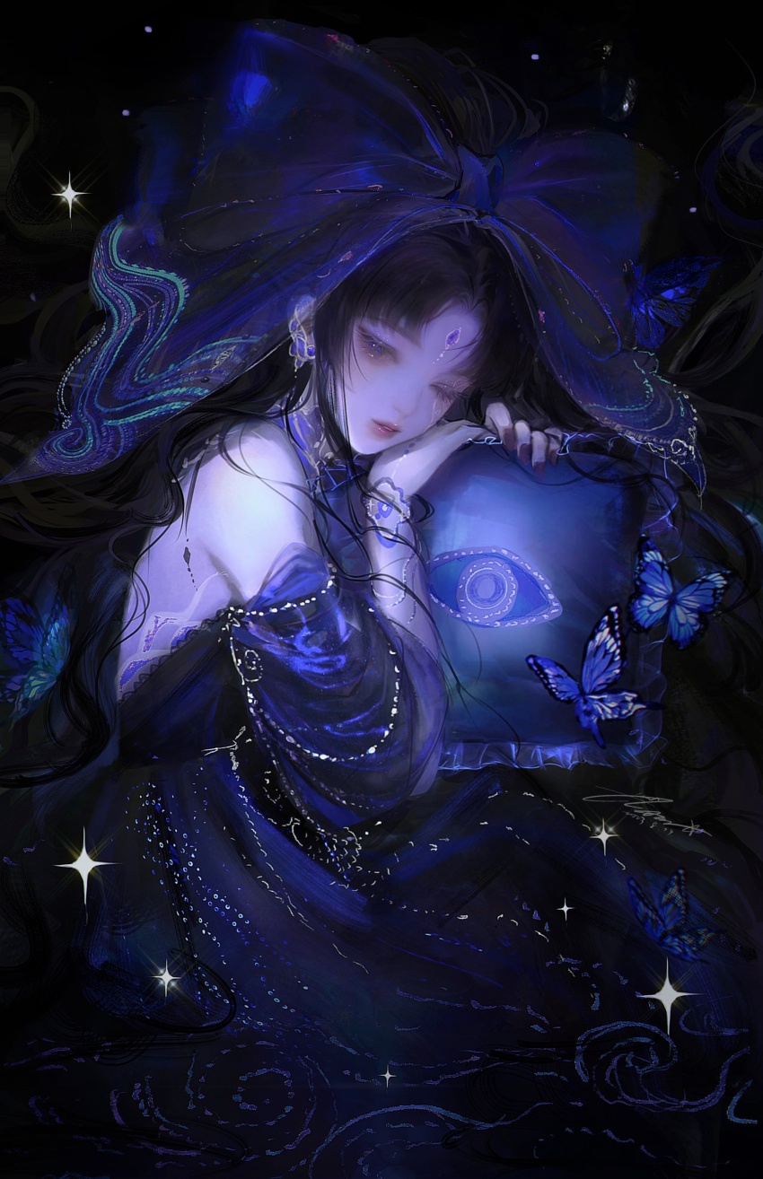 1girl, absurdres, backless_dress, backless_outfit, bare_shoulders, black_background, black_dress, black_hair, bow, bracelet, bug, butterfly, chinese_commentary, commentary_request, cowboy_shot, dark, detached_sleeves, dress, earrings, eye_glitter, eyelashes, eyeshadow, facial_mark, facial_tattoo, forehead_mark, godfall_omens_(shining_nikki), hair_bow, highres, insect, jewelry, jingjing_de_zuo_yike_shuai_xingzi, large_bow, lipstick, long_hair, long_sleeves, looking_at_viewer, makeup, nail_polish, nikki_(series), one_eye_closed, parted_bangs, parted_lips, purple_bow, purple_butterfly, purple_eyes, purple_eyeshadow, purple_nails, purple_sleeves, red_lips, shining_nikki, sleeveless, sleeveless_dress, solo, sparkle, tattoo