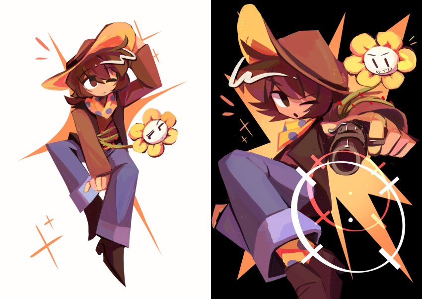 1other, :o, aiming, aiming_at_viewer, bandana, black_background, blue_bandana, blue_pants