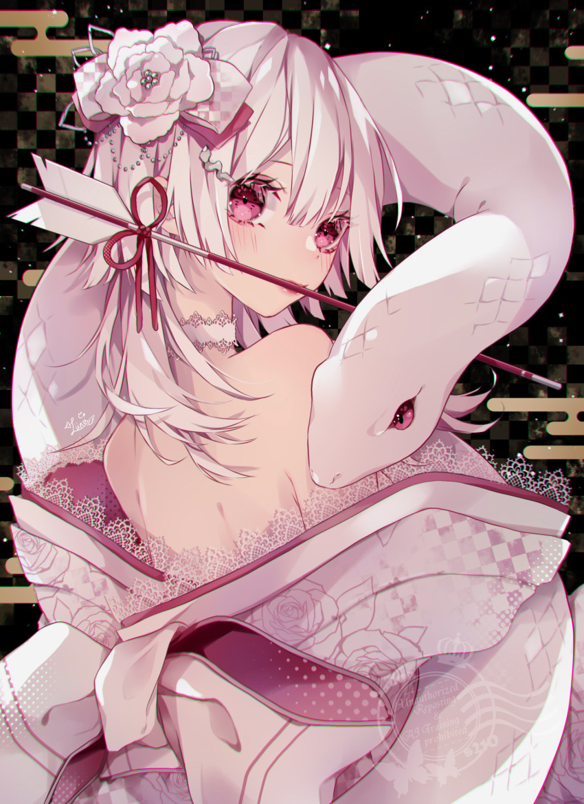 1girl, animal, arrow_(projectile), bare_back, bow, checkered_background, chinese_zodiac, choker, commentary_request, egasumi, flower, from_behind, hair_flower, hair_ornament, hamaya, highres, japanese_clothes, kanzashi, kimono, lace, lace-trimmed_kimono, lace_choker, lace_trim, long_hair, looking_back, luna_s210, mouth_hold, new_year, obi, off_shoulder, original, pink_eyes, sash, solo, white_hair, year_of_the_snake