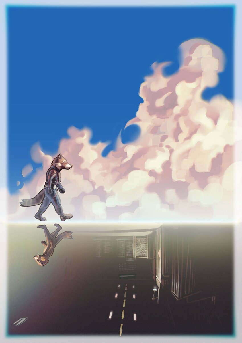 1boy, absurdres, aged_down, animal_ears, blue_sky, chinese_commentary, cloud, commentary_request, from_side, furry, furry_male, guardians_of_the_galaxy, guardians_of_the_galaxy_vol._3, highres, male_focus, marvel, multiple_views, profile, raccoon_boy, raccoon_ears, raccoon_tail, rocket_raccoon, sky, tail, walking, wuya12373004