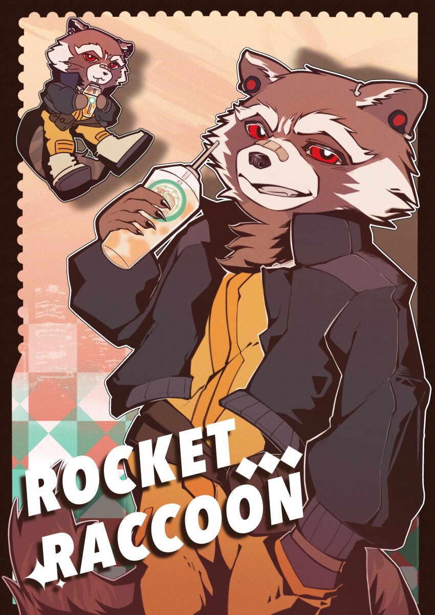 1boy, :3, absurdres, animal_ears, bandaid, bandaid_on_face, bandaid_on_nose, black_jacket, brown_footwear, character_name, chibi, chibi_inset, claws, cup, drinking_straw, drinking_straw_in_mouth, furry, furry_male, hand_in_pocket, hashtag-only_commentary, highres, holding, holding_cup, jacket, looking_at_viewer, male_focus, marvel, multiple_views, raccoon_boy, raccoon_ears, raccoon_tail, red_eyes, rocket_raccoon, smile, tail, wuya12373004