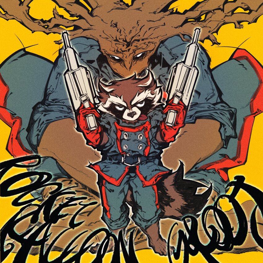2boys, barefoot, character_name, dual_wielding, furry, furry_male, gloves, groot, gun, hashtag-only_commentary, highres, holding, holding_gun, holding_weapon, looking_up, male_focus, marvel, multiple_boys, red_gloves, rocket_raccoon, tongue, tongue_out, weapon, wuya12373004, yellow_background