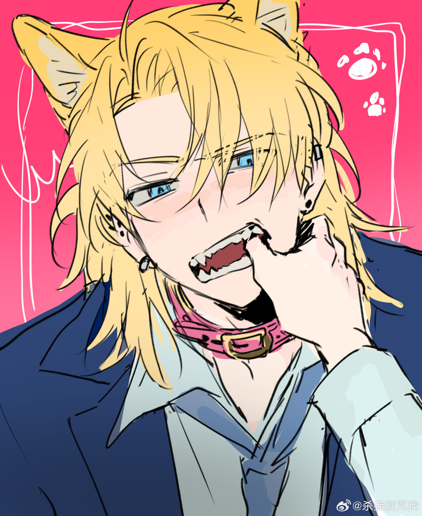 1boy, 1other, absurdres, animal_ears, blonde_hair, blue_jacket, blue_necktie, collar, collared_shirt, degrees_of_lewdity, dog_boy, dog_ears, earrings, grey_shirt, half_updo, highres, jacket, jewelry, looking_at_viewer, male_focus, multiple_earrings, necktie, pink_background, pink_collar, sha_mao_bie_zhou_wo, shirt, whitney_(degrees_of_lewdity), whitney_(male)_(degrees_of_lewdity), yellow_eyes