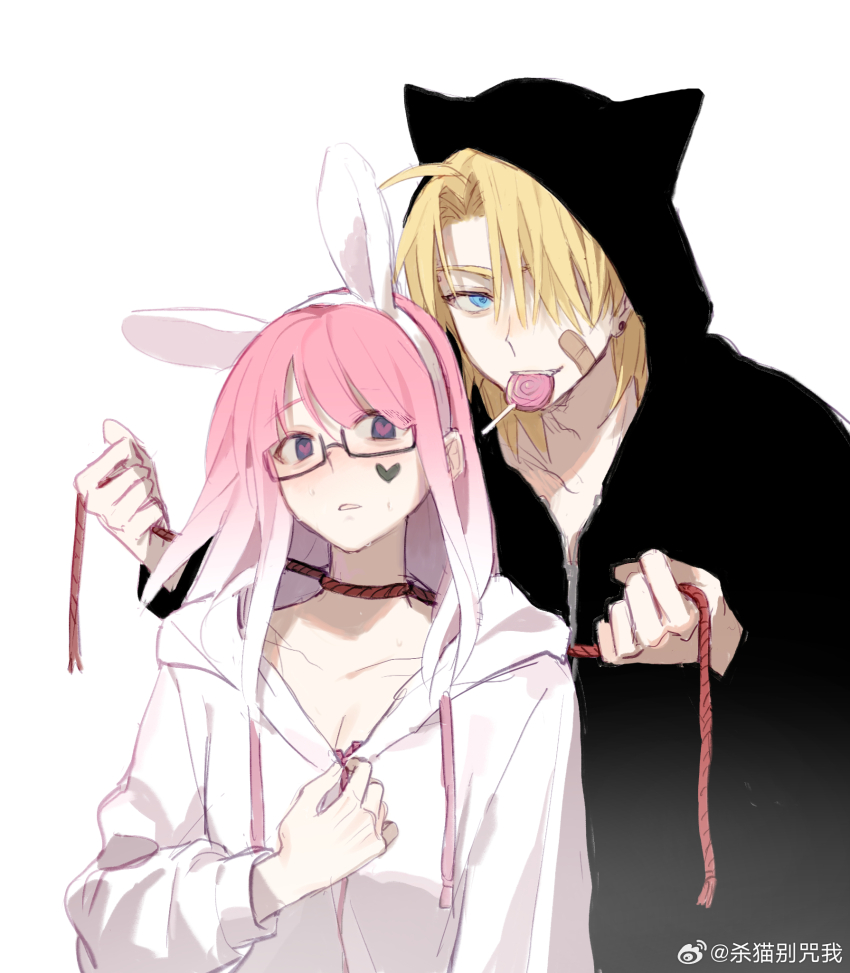 1boy, 1girl, animal_hood, bandaid, bandaid_on_cheek, bandaid_on_face, black_hoodie, blonde_hair, blue_eyes, blush, breasts, candy, cat_hood, cleavage, degrees_of_lewdity, food, glasses, grey_background, hair_over_one_eye, heart_on_cheek, hetero, highres, hood, hood_down, hood_up, hoodie, lollipop, long_hair, looking_at_viewer, multicolored_hair, pink_hair, player_character_(degrees_of_lewdity), player_character_(female)_(degrees_of_lewdity), purple_eyes, rope_around_neck, sha_mao_bie_zhou_wo, simple_background, white_hair, white_hoodie, whitney_(degrees_of_lewdity), whitney_(male)_(degrees_of_lewdity)
