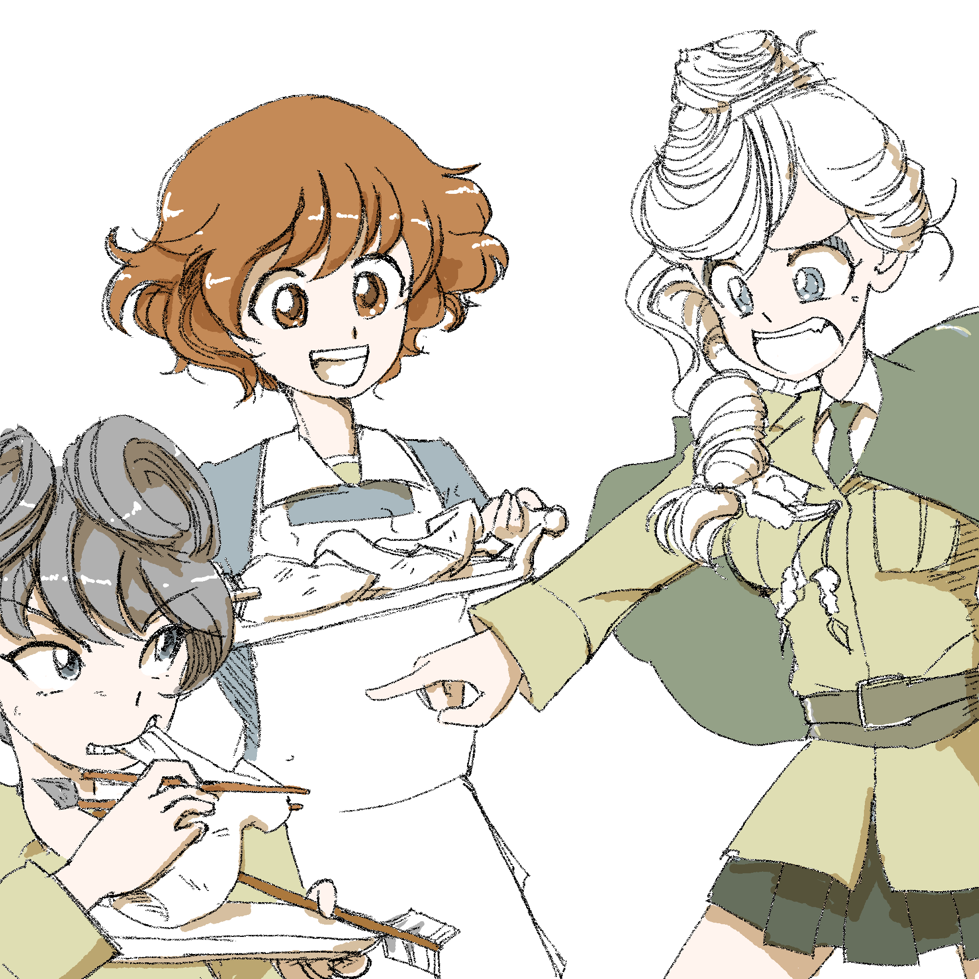 3girls, akiyama_yukari, arrow_(projectile), belt, belt_buckle, black_eyes, black_skirt, blonde_hair