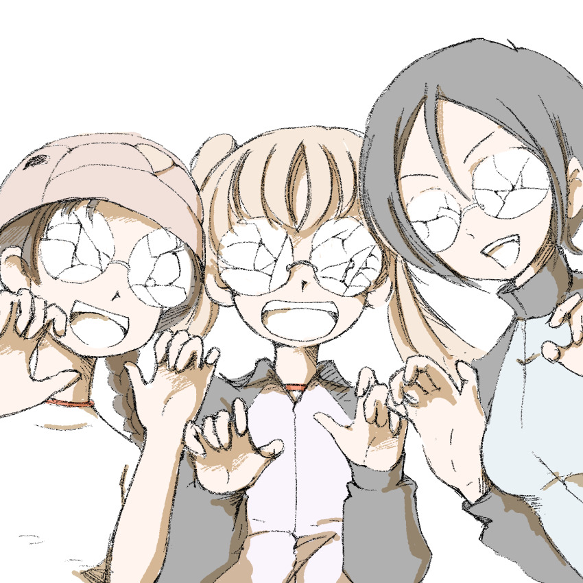 alternate_costume, blonde_hair, broken_eyewear, brown_hair, casual, claw_pose, ebitama_(ebitamamix), fukuda_haru