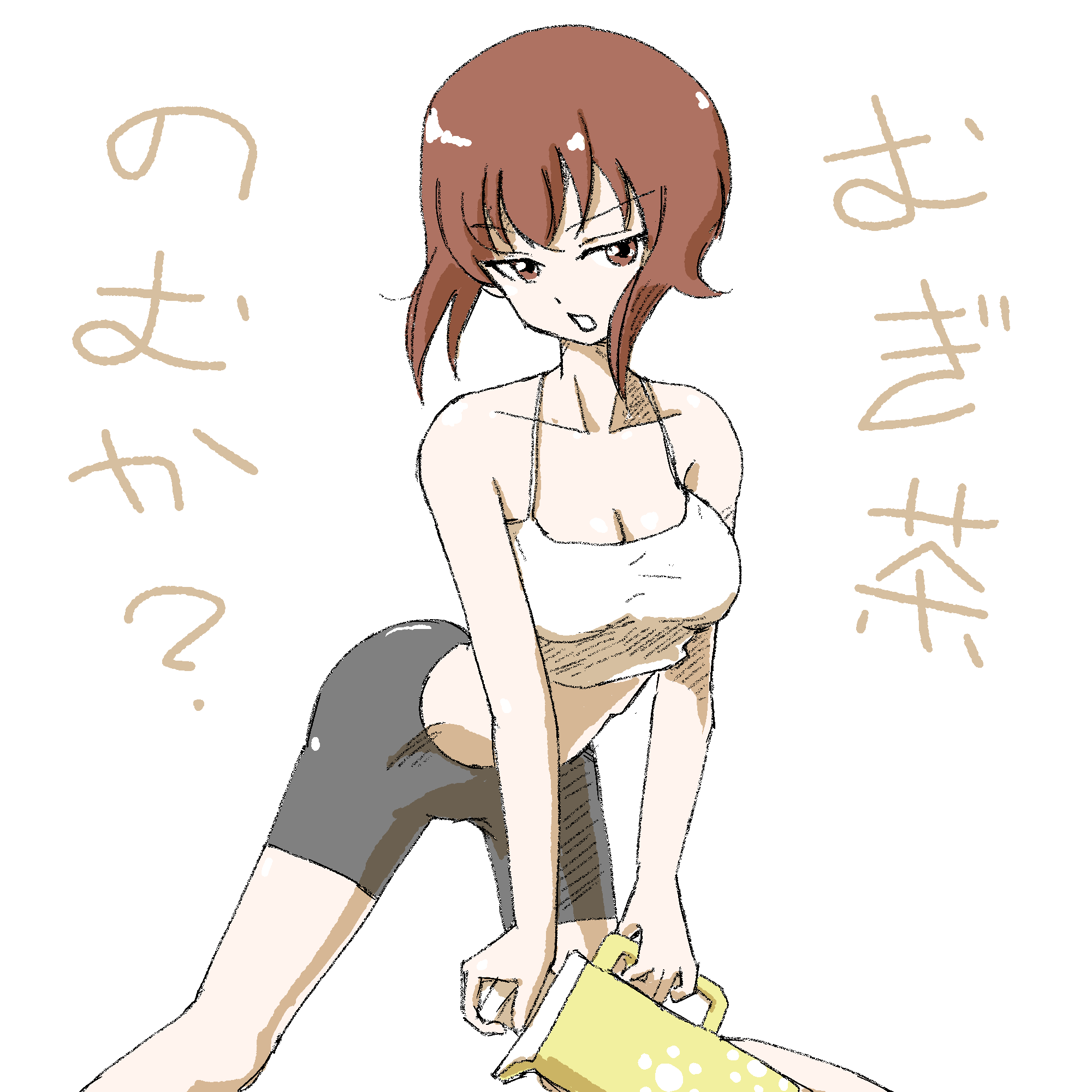1girl, bare_shoulders, bike_shorts, breasts, camisole, cleavage, collarbone, cup