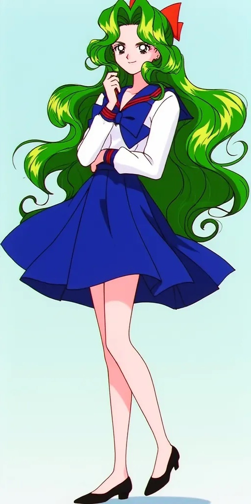 1990s_(style), 1girl, anime_screenshot, aqua_background, bishoujo_senshi_sailor_moon, bishoujo_senshi_sailor_moon_stars, black_footwear, blue_bow, blue_skirt, bow, collarbone, gradient_background, green_eyes, green_hair, hair_bow, ijuuin_sonoko, long_hair, long_sleeves, looking_at_viewer, red_bow, retro_artstyle, school_uniform, shirt, shoes, simple_background, skirt, smile, white_shirt