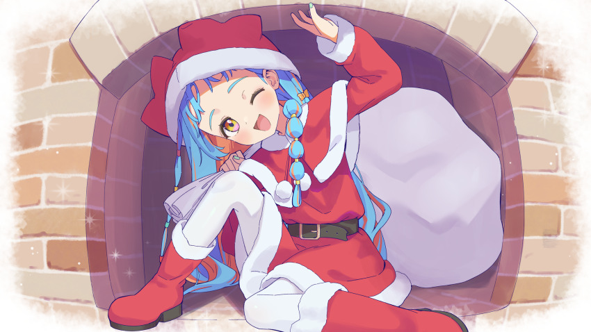 1girl, :d, aikatsu!_(series), aikatsu_academy!, arm_up, belt, blue_hair, blush