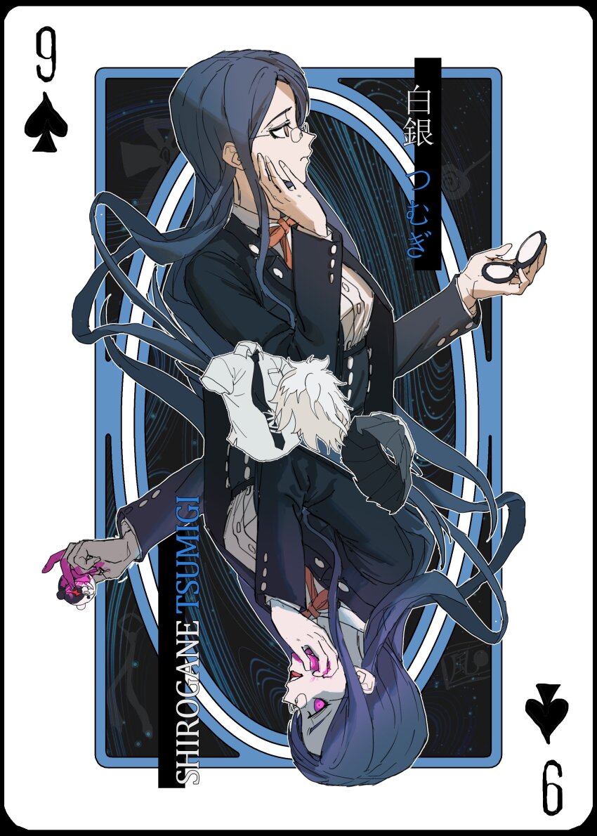 1girl, :d, absurdres, black_hair, black_jacket, black_skirt, blood, card
