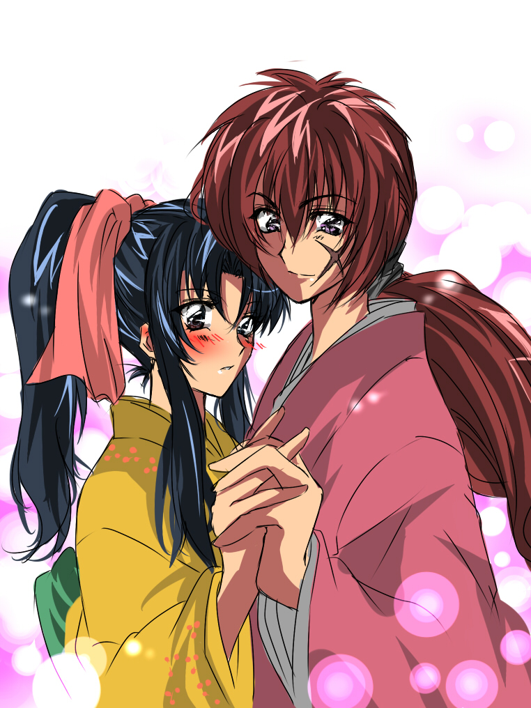 1boy, 1girl, black_hair, blush, brown_eyes, couple, holding_hands, hetero