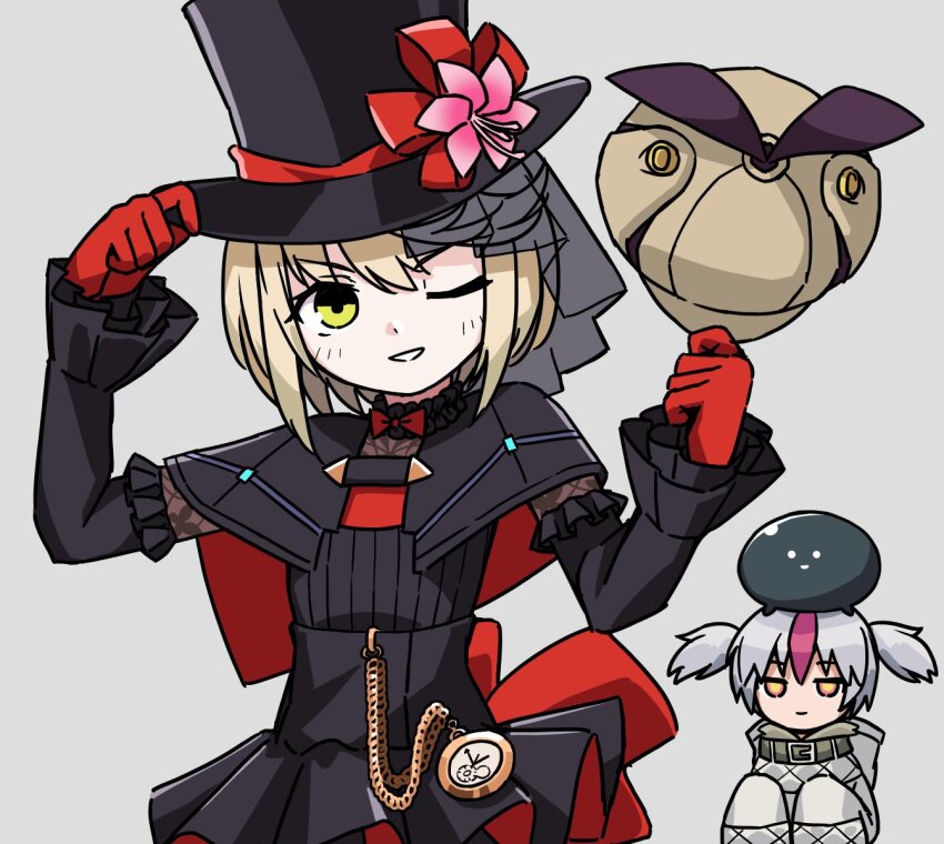 black_cape, black_dress, blonde_hair, cape, capelet, detached_sleeves, dress, gloves