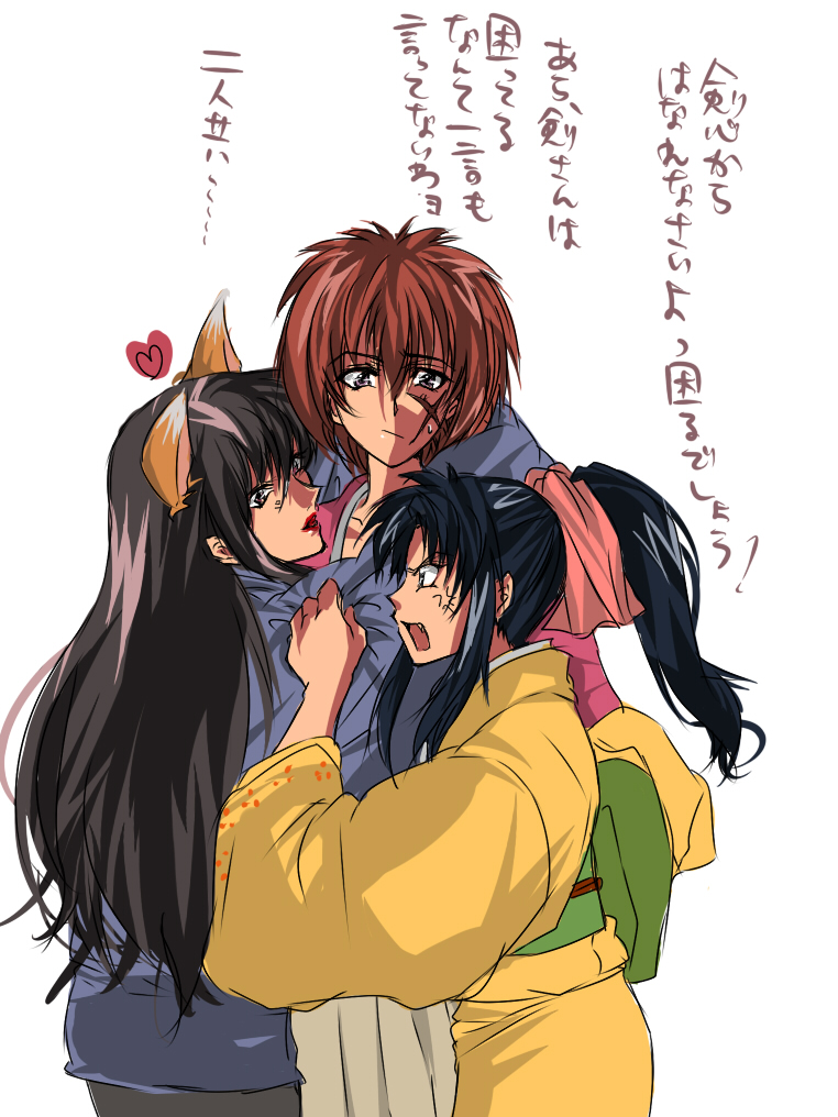 1boy, 2girls, angry, animal_ears, black_hair, brown_eyes, fox_ears, girl_sandwich