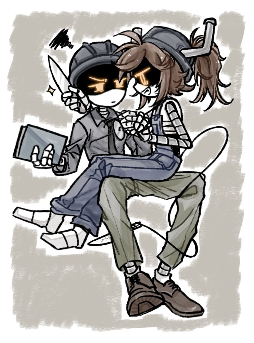 aida_(aidacamelia0516), alice_(murder_drones), black_necktie, blue_overalls, book, brown_footwear, brown_hair, cable