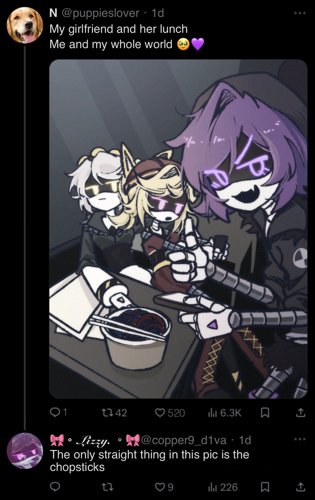 3girls, :3, :d, aida_(aidacamelia0516), android, black_jacket, blonde_hair, brown_shirt, brown_skirt, hair_ribbon, hairband, highres, jacket, lizzy_(murder_drones), long_hair, looking_at_viewer, multiple_girls, murder_drones, neon_lights, open_mouth, pink_eyes, ponytail, purple_eyes, purple_hair, ribbon, shirt, short_hair, skirt, smile, twitter, uzi_(murder_drones), v_(murder_drones), white_hair