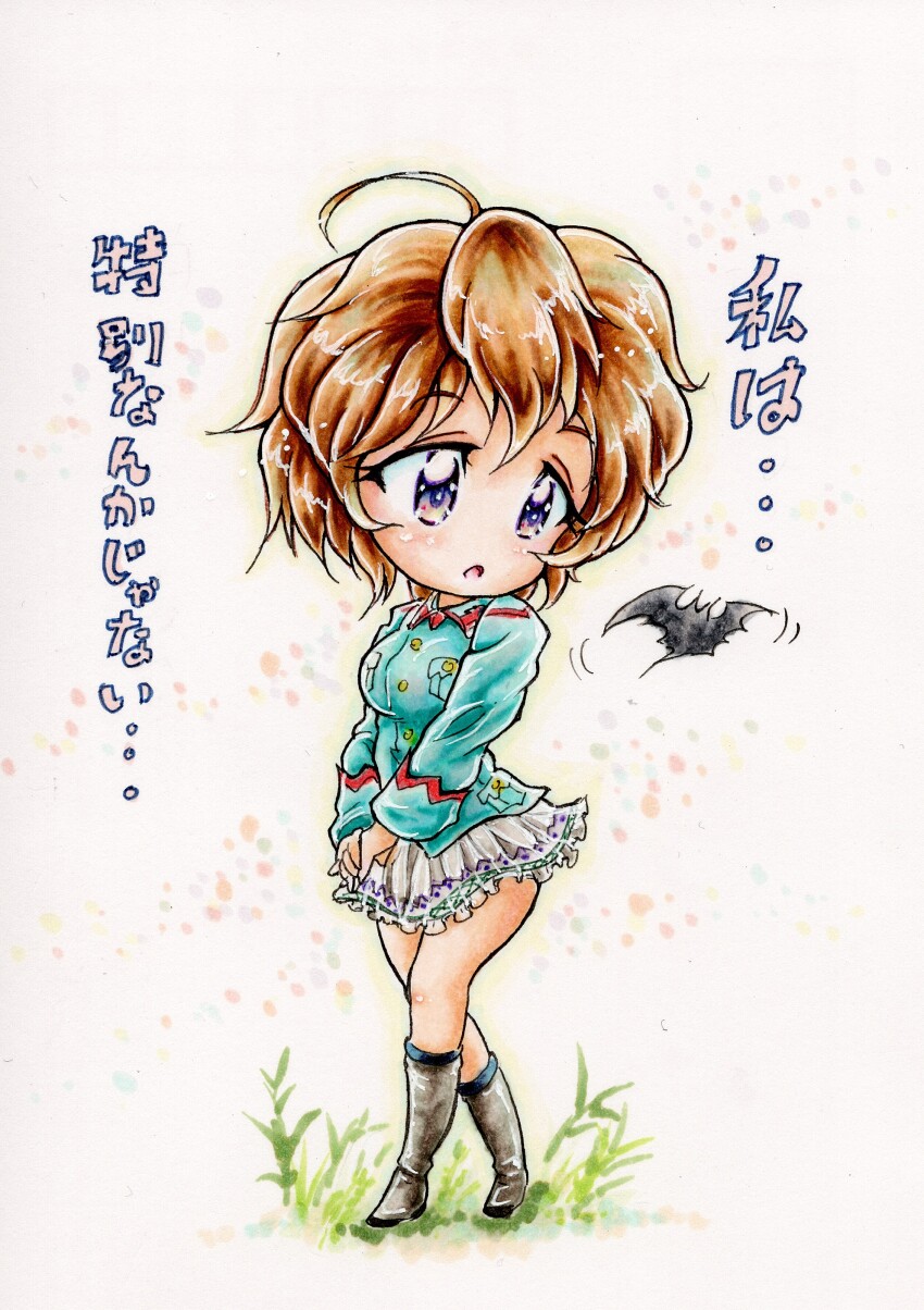 1girl, absurdres, bat_(animal), blue_jacket, boots, breasts, brown_footwear, brown_hair