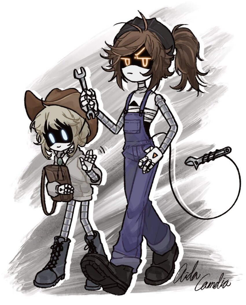 1boy, 1girl, aida_(aidacamelia0516), alice_(murder_drones), android, bag, beau_(murder_drones), black_footwear