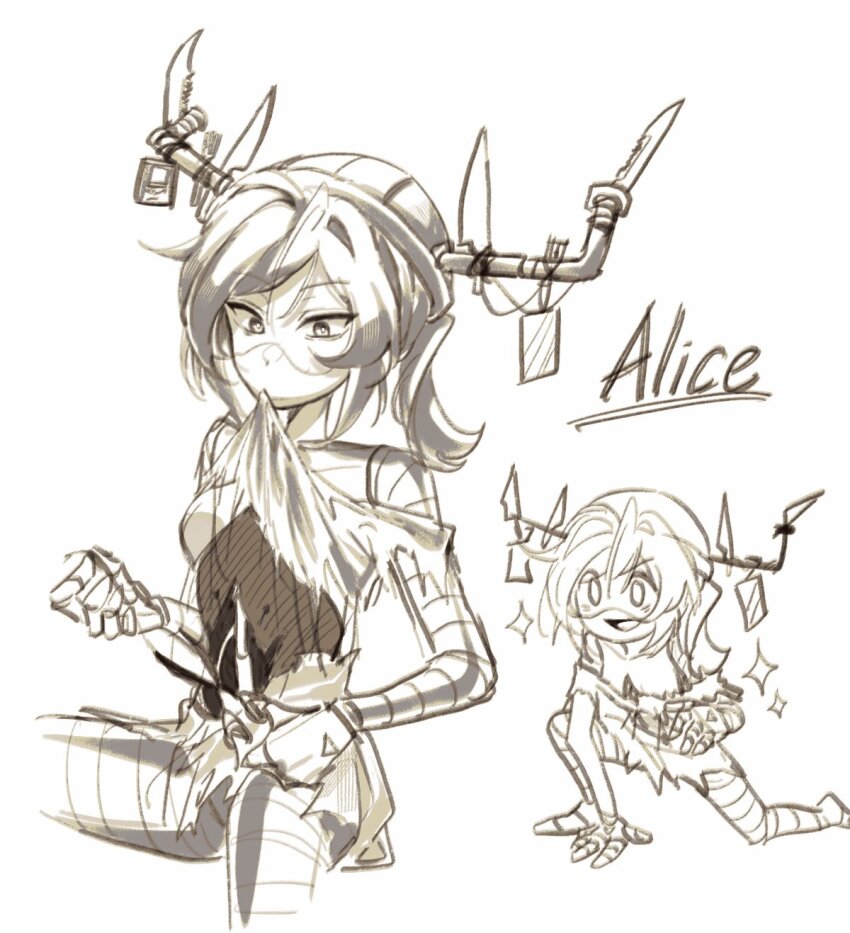 1girl, aida_(aidacamelia0516), alice_(murder_drones), android, blush, cable, greyscale, hat