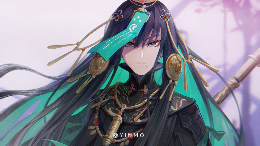 1girl, artist_name, black_dress, black_eyes, black_hair, blurry, blurry_background, chinese_clothes