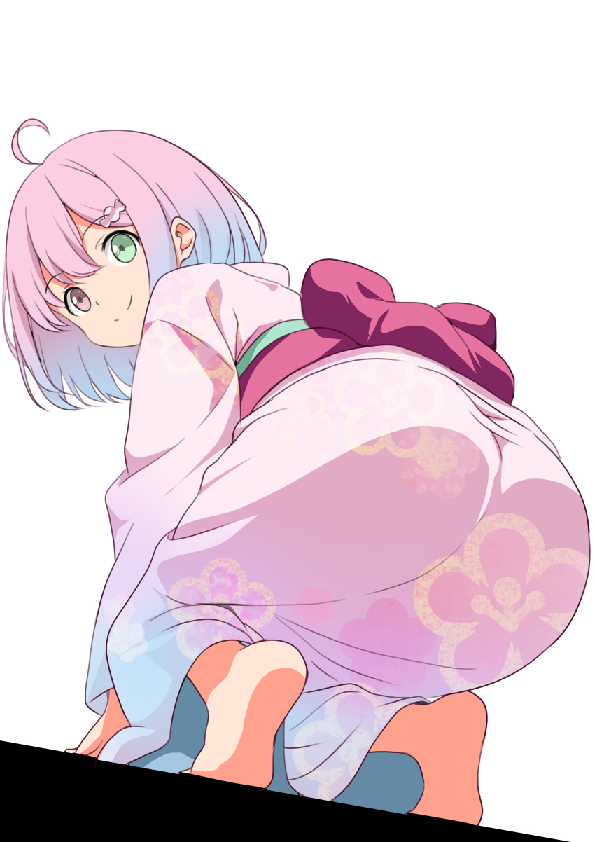 1girl, absurdres, ahoge, ass, barefoot, blue_hair, candy_hair_ornament, commentary, food-themed_hair_ornament, gradient_hair, green_eyes, hair_ornament, heterochromia, highres, himemori_luna, himemori_luna_(new_year), hololive, japanese_clothes, kimono, kishishi_(kishiman-ya), looking_at_viewer, multicolored_hair, obi, official_alternate_costume, pink_eyes, pink_hair, pink_kimono, red_sash, sash, short_hair, smile, solo, virtual_youtuber, white_background
