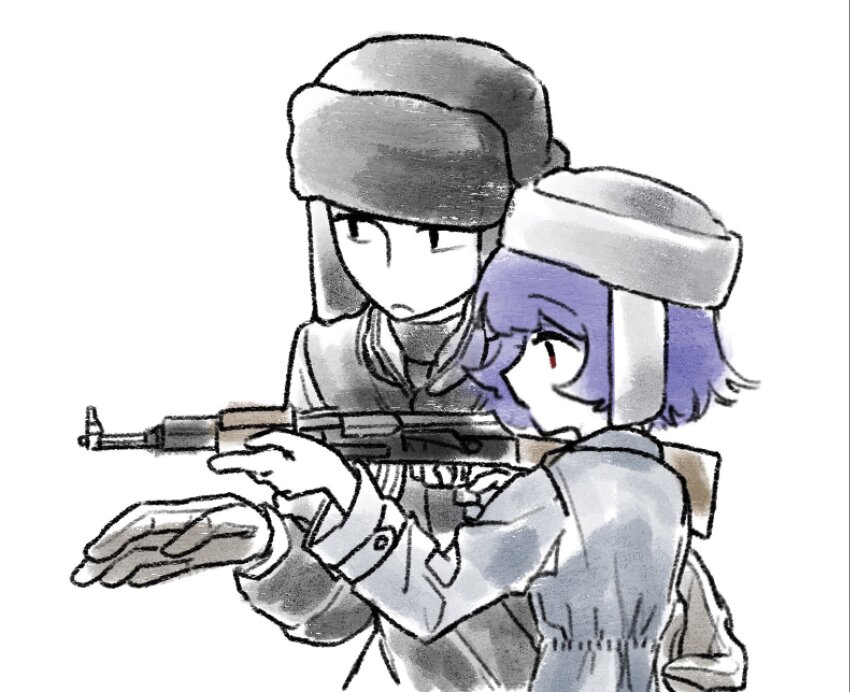 1boy, 1girl, aida_(aidacamelia0516), black_coat, black_eyes, black_hat, black_sweater, closed_mouth