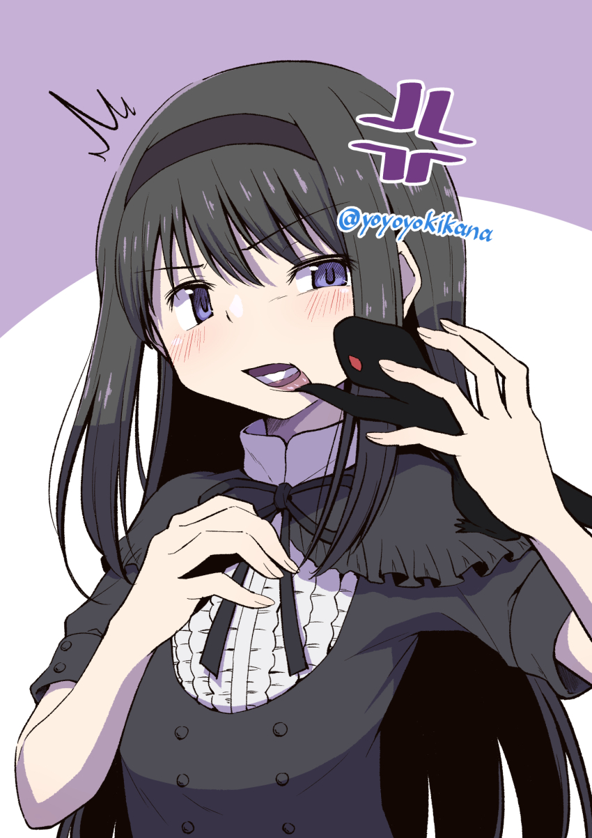 1girl, akemi_homura, akemi_homura_(black_dress), anger_vein, black_dress, black_hair, black_hairband, black_ribbon