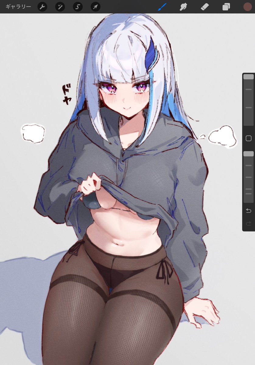 1girl, black_pantyhose, bra, breasts, clothes_lift, grey_hoodie, hitanu, hood