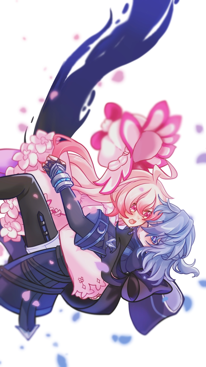 1boy, 1girl, ahoge, black_jacket, blush, clofa, closed_mouth, dress