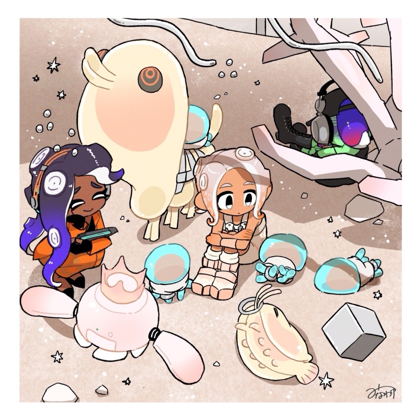 3girls, agent_8_(splatoon), baseball_cap, black_eyes, black_footwear, black_gloves, black_hat, blonde_hair