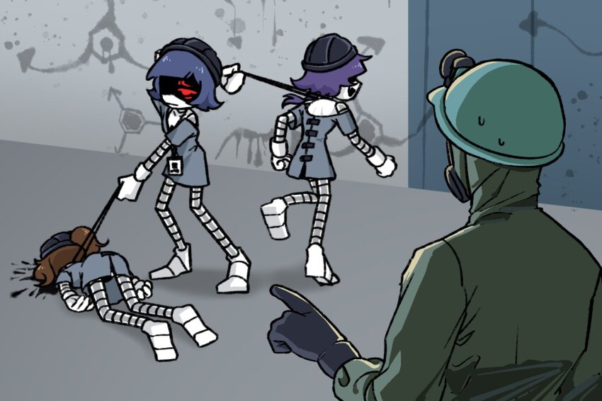 1other, 3girls, aida_(aidacamelia0516), alice_(murder_drones), android, arm_up, black_hat, blue_hair