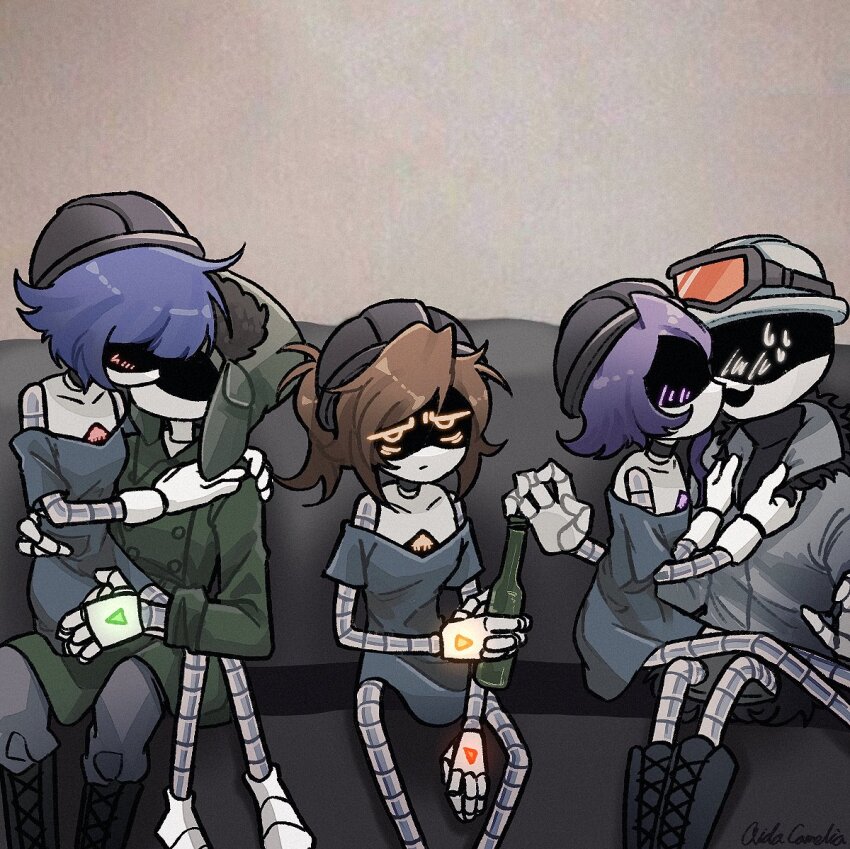 aida_(aidacamelia0516), alice_(murder_drones), black_footwear, black_hat, blue_hair, boots, bottle, brown_eyes