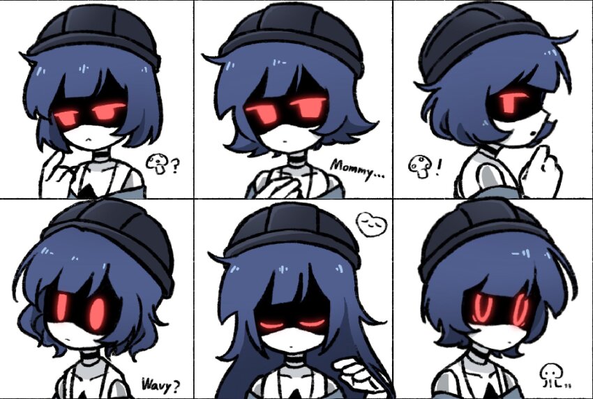 1girl, aida_(aidacamelia0516), alternate_hair_length, alternate_hairstyle, android, black_hat, blue_hair, hat