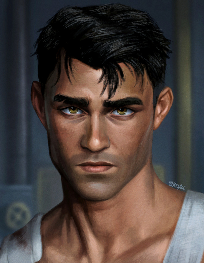 1boy, absurdres, arcane:_league_of_legends, arcane_jayce, bandages, black_hair, blood, bloody_bandages